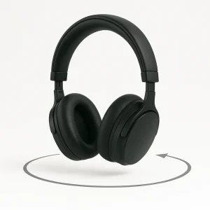 360-degree product image of black over-ear headphones on a white background with rotation guide.