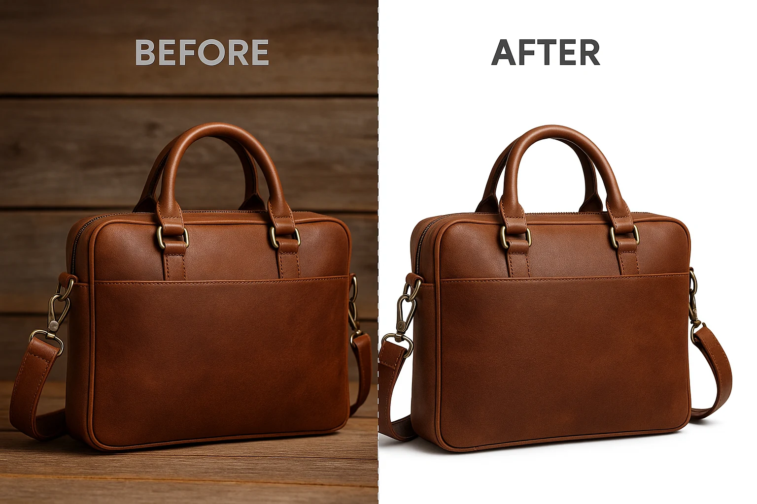 Before and after image of leather briefcase showing background removal and clipping path editing — eCommerce photo retouching by Color Edit Pro.