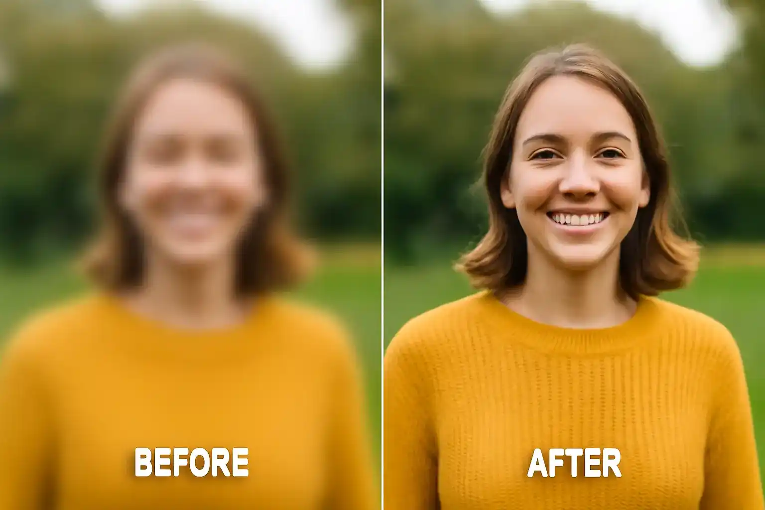 Before and after example of fixing a blurry photo through sharpening and cropping