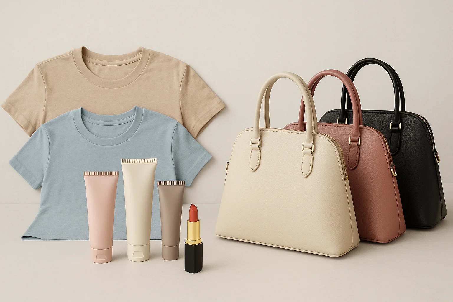 Group product photo showing handbags, t-shirts, and beauty products in soft neutral lighting.
