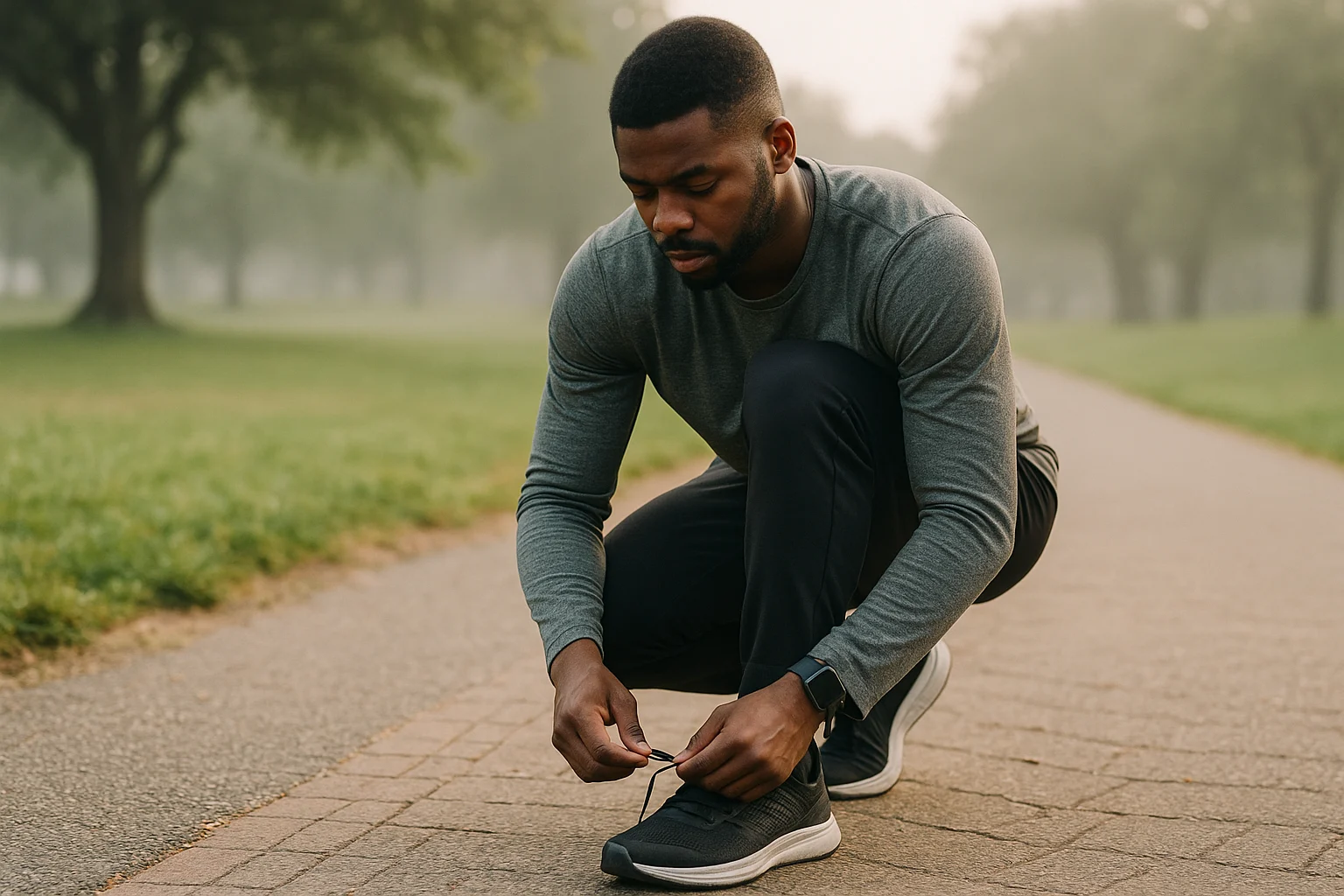 Athlete tying running shoes on a park path at sunrise — lifestyle fitness photography showing focus, motion, and natural outdoor lighting by Color Edit Pro.