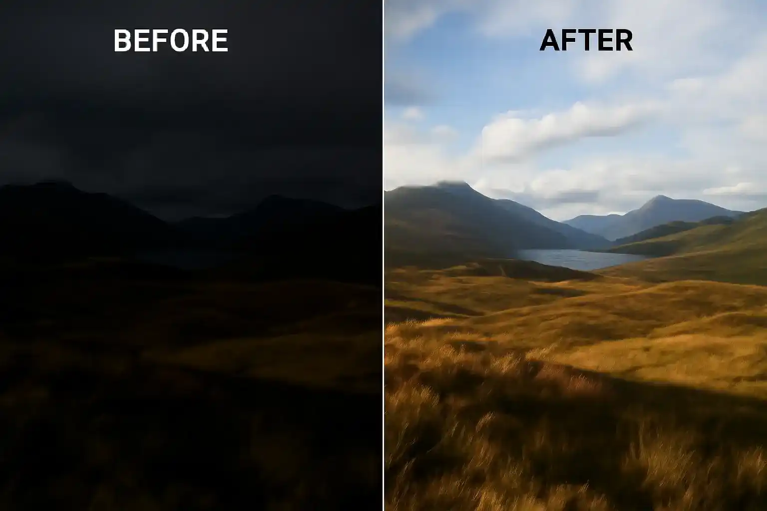 Before and after example of photo lighting correction