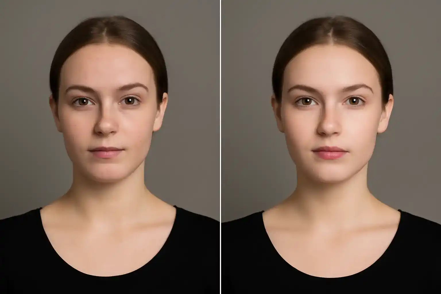 Before and after example of skin retouching with blemish correction