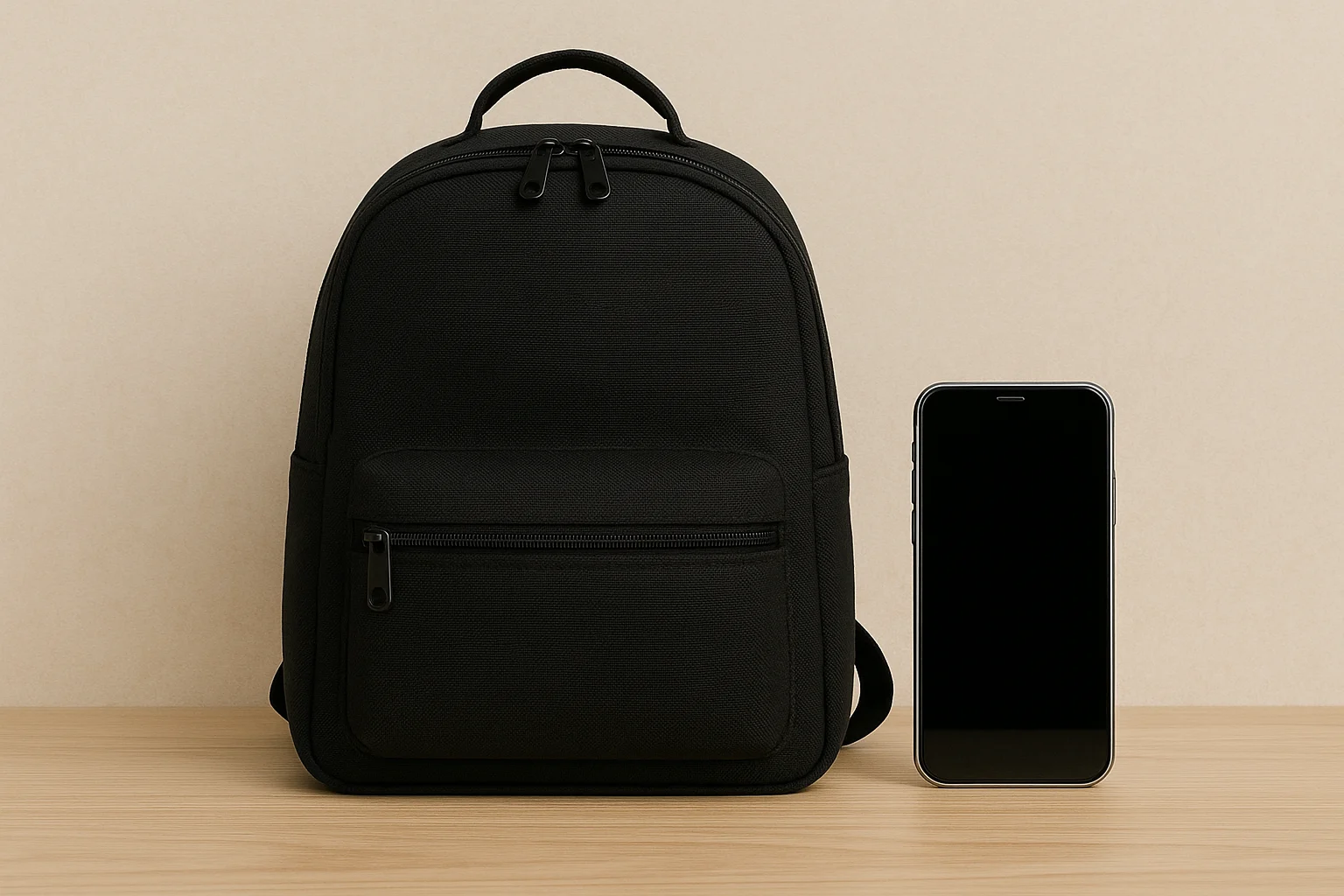 Scale photo of a black backpack placed next to a smartphone for size comparison.