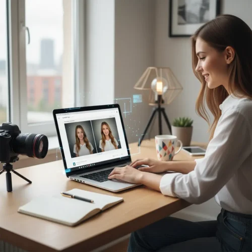 Start editing photos for free today on a laptop in a modern workspace, with a clear before-and-after photo comparison using an AI photo editing service.